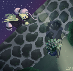 Size: 1094x1069 | Tagged: safe, artist:alipes, character:fluttershy, species:bird, species:pegasus, species:pony, g4, alternate hairstyle, badass, badass adorable, cute, female, flutterbadass, looking at something, looking down, mare, night, ninja, outdoors, peacock, solo, stray strand, wall, wings
