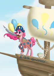 Size: 753x1045 | Tagged: safe, artist:alipes, character:pinkie pie, species:earth pony, species:pony, g4, balloon, bicorne, clothing, female, hat, hilarious in hindsight, madame leflour, mare, mouth hold, pirate, ship, sword, weapon