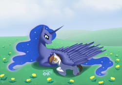 Size: 1179x826 | Tagged: safe, artist:alipes, character:pipsqueak, character:princess luna, species:alicorn, species:earth pony, species:pony, ship:lunapip, g4, colt, female, flower, male, mare, prone, shipping, sleeping, straight, wing blanket