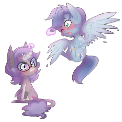 Size: 500x500 | Tagged: safe, artist:curiouskeys, oc, oc only, oc:curious keys, oc:vertical lift, species:hinny, species:pegasus, species:pony, species:unicorn, chibi, engagement ring, glasses, magic, pixel art, simple background, transparent background
