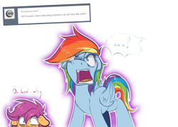 Size: 1400x1000 | Tagged: safe, artist:redheadfly, character:rainbow dash, character:scootaloo, species:pegasus, species:pony, angry, ask, duo, female, floppy ears, lesbian, mare, older, scootadash, shipping, simple background, transparent background, tumblr, yelling