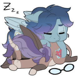 Size: 500x500 | Tagged: safe, artist:curiouskeys, oc, oc only, oc:curious keys, oc:vertical lift, species:hinny, species:pegasus, species:pony, species:unicorn, chibi, glasses, hoof sucking, simple background, sleeping, transparent background, zzz