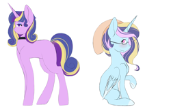 Size: 2700x1700 | Tagged: safe, artist:mah521, oc, oc only, parent:princess cadance, parent:trixie, parent:twilight sparkle, parents:tridance, parents:twidance, species:alicorn, species:pony, species:unicorn, female, half-siblings, magical lesbian spawn, mare, offspring, simple background, sitting, white background