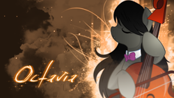 Size: 1920x1080 | Tagged: safe, artist:alexpony, artist:monochromaticbay, artist:vexx3, edit, character:octavia melody, species:earth pony, species:pony, abstract background, cello, eyes closed, female, mare, musical instrument, solo, text, vector, wallpaper, wallpaper edit