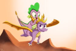 Size: 1920x1280 | Tagged: safe, artist:egstudios93, character:spike, species:dragon, crossover, dragons riding dragons, flying, spyro the dragon