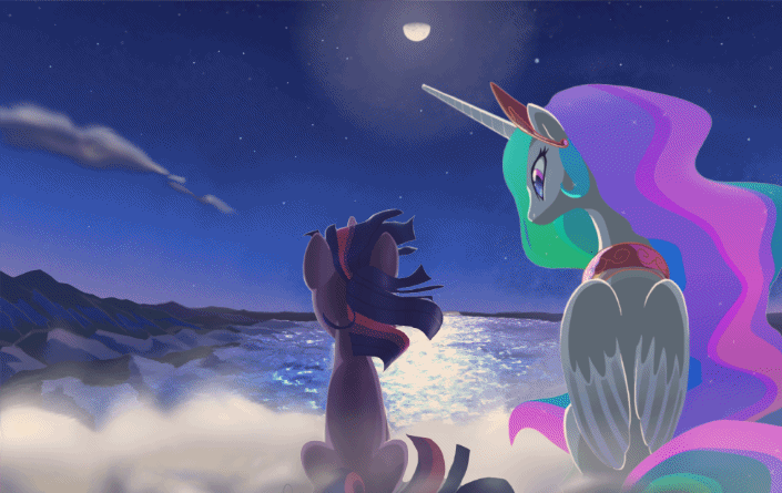 Size: 705x445 | Tagged: safe, artist:szafir87, artist:violetsquiggles, edit, character:princess celestia, character:twilight sparkle, species:alicorn, species:pony, species:unicorn, animated, cloud, female, gif, mare, moon, night, shooting star, sitting, sky, stars, windswept mane