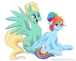 Size: 3000x2400 | Tagged: safe, artist:thenornonthego, character:rainbow dash, character:zephyr breeze, species:pegasus, species:pony, alternate hairstyle, blushing, cute, female, looking back, male, mane styling, mare, shipping, simple background, smiling, stallion, straight, tsunderainbow, tsundere, white background, zephdash