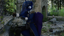 Size: 2000x1125 | Tagged: safe, artist:jawolfadultishart, character:princess flurry heart, character:princess luna, species:anthro, species:plantigrade anthro, 3d, adventure, boots, clothing, fun, hat, helmet, holster, jewelry, journey, overcoat, oversized hat, regalia, ruins, shield, story included, sword, the fun has been doubled, thigh boots, weapon