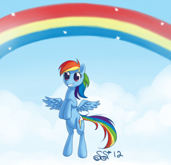 Size: 810x780 | Tagged: safe, artist:alipes, character:rainbow dash, species:pegasus, species:pony, g4, bipedal, cloud, female, happy, mare, rainbow, rearing, solo