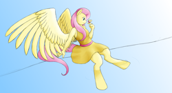 Size: 1627x877 | Tagged: safe, artist:alixnight, character:fluttershy, species:anthro, species:pegasus, species:pony, species:unguligrade anthro, butterfly, clothing, dress, female, gradient background, krita, solo, sundress