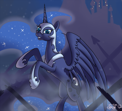 Size: 975x886 | Tagged: safe, artist:alipes, character:nightmare moon, character:princess luna, species:alicorn, species:pony, g4, castle, female, mare, rearing, solo, war