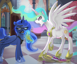 Size: 3000x2500 | Tagged: safe, artist:mylittlegodzilla, character:princess celestia, character:princess luna, species:alicorn, species:pony, episode:a royal problem, g4, my little pony: friendship is magic, argument, banana, crown, duo, female, food, glowing horn, jewelry, magic, mare, regalia, royal sisters