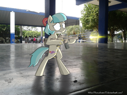 Size: 2560x1920 | Tagged: safe, artist:pandramodo, artist:tonystorm12, character:coco pommel, species:pony, gun, irl, m4a1, photo, photo manipulation, photoshop, ponies in real life, school, weapon