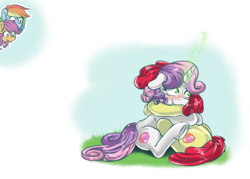 Size: 1400x1000 | Tagged: safe, artist:redheadfly, character:apple bloom, character:rainbow dash, character:scootaloo, character:sweetie belle, species:pegasus, species:pony, species:unicorn, ship:sweetiebloom, blushing, cutie mark crusaders, female, glowing horn, grass, hug, lesbian, magic, mare, older, shipping, sitting, underhoof