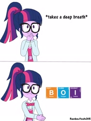 Size: 2448x3264 | Tagged: safe, artist:rainbowyoshi305, character:twilight sparkle, character:twilight sparkle (scitwi), species:eqg human, my little pony:equestria girls, :c, boi, boron, bow tie, breathing, clothing, dialogue, female, frown, glasses, iodine, lab coat, meme, oxygen, periodic table, simple background, solo