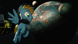 Size: 1920x1080 | Tagged: safe, artist:powdan, oc, oc only, oc:harmony star, species:alicorn, species:pony, 3d, alicorn oc, commission, flying, gmod, grin, male, moons, planet, smiling, solo, space, stallion