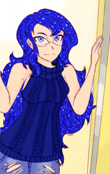 Size: 1827x2893 | Tagged: safe, artist:dragonemperror2810, character:princess luna, species:human, clothing, female, glasses, humanized, looking at you, smiling, solo, sweater