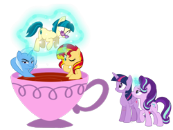 Size: 1024x768 | Tagged: safe, artist:trini-mite, character:juniper montage, character:starlight glimmer, character:sunset shimmer, character:trixie, character:twilight sparkle, character:twilight sparkle (alicorn), species:alicorn, species:pony, species:unicorn, equestria girls:movie magic, g4, my little pony: equestria girls, my little pony:equestria girls, spoiler:eqg specials, counterparts, cup, cup of pony, equestria girls ponified, food, funny, hot tub, magic, micro, ponified, simple background, smug, smuglight glimmer, tea, teacup, that pony sure does love teacups, transparent background, twilight's counterparts, vector, welcome home twilight