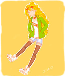 Size: 2172x2565 | Tagged: safe, artist:dragonemperror2810, character:sunset shimmer, species:human, clothing, converse, female, humanized, looking at you, one eye closed, shoes, smiling, sneakers, socks, solo, sunglasses, thigh highs, wink
