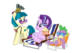 Size: 578x401 | Tagged: safe, artist:trini-mite, character:juniper montage, character:spike, character:starlight glimmer, species:earth pony, species:pony, species:unicorn, my little pony:equestria girls, drink, equestria girls ponified, food, lounge chair, ponified, popcorn, simple background, sunglasses, transparent background, vector