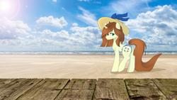 Size: 1920x1080 | Tagged: safe, artist:chickenbrony, oc, oc only, species:pony, species:unicorn, bikini, clothing, fluffy, looking back, smiling, solo, summer, swimsuit