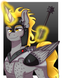Size: 909x1144 | Tagged: safe, artist:artistcoolpony, oc, oc only, oc:pendragon, species:alicorn, species:pony, alicorn oc, armor, ghost rider, mace, male alicorn, morning star, request, smug, solo, spikes, weapon