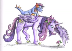 Size: 1494x1064 | Tagged: safe, artist:edhelistar, character:spike (g3), character:wysteria, species:alicorn, species:dragon, species:pony, fanfic:continuity saga, g3, alicornified, book, duo, fanfic, fanfic art, g3 to g4, g3betes, generation leap, princess wysteria, race swap, simple background, traditional art, tulip, white background