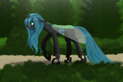Size: 1500x1000 | Tagged: safe, artist:ruanshi, character:queen chrysalis, species:changeling, female, forest, lidded eyes, sad, solo, walking