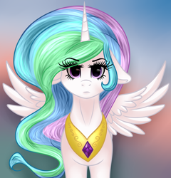 Size: 3500x3650 | Tagged: safe, artist:blocksy-art, character:princess celestia, species:alicorn, species:pony, eyelashes, female, floppy ears, frown, gradient background, jewelry, looking at you, mare, peytral, solo, spread wings, wings