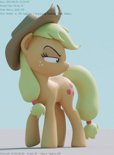 Size: 377x512 | Tagged: safe, artist:therealdjthed, character:applejack, species:earth pony, species:pony, episode:the cutie map, g4, my little pony: friendship is magic, 3d, 3d model, animated, applejack is not amused, blender, cycles, cycles render, female, gif, mare, model:djthed, raised eyebrow, simple background, solo, squint, suspicious, unamused