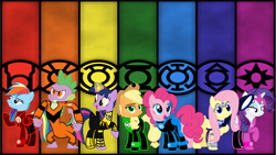 Size: 8000x4500 | Tagged: safe, artist:motownwarrior01, character:applejack, character:fluttershy, character:pinkie pie, character:rainbow dash, character:rarity, character:spike, character:twilight sparkle, character:twilight sparkle (alicorn), species:alicorn, species:dragon, species:pony, absurd resolution, adult, adult spike, blue lantern, cover art, green lantern, indigo tribe, mane seven, mane six, meme, older, older spike, orange lantern, red lantern, sinestro corps, star sapphire