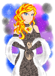 Size: 2512x3492 | Tagged: safe, artist:dragonemperror2810, character:sunset shimmer, species:human, beautiful, breasts, cleavage, clothing, dress, evening gloves, female, fur, fur boa, fur coat, futerko, futro, gloves, humanized, long gloves, looking at you, smiling, solo