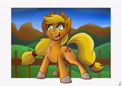 Size: 5016x3541 | Tagged: safe, artist:dinodraketakethecake, character:applejack, species:earth pony, species:pony, absurd resolution, clothing, cowboy hat, female, fence, freckles, hat, hill, mare, mountain, open mouth, smiling, solo, stetson