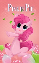 Size: 3698x6055 | Tagged: safe, artist:bigbuxart, character:pinkie pie, candy, female, food, gummy bears, sitting, smiling, solo