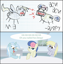 Size: 3924x3996 | Tagged: safe, artist:t-3000, character:bon bon, character:derpy hooves, character:lyra heartstrings, character:sweetie drops, species:pegasus, species:pony, bon bon is not amused, comic, female, mare, unamused