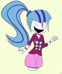 Size: 1280x1515 | Tagged: safe, artist:goldenled, character:sonata dusk, my little pony:equestria girls, colored pupils, female, one eye closed, open mouth, simple background, solo, wink, yellow background