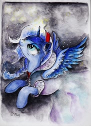 Size: 1024x1410 | Tagged: safe, artist:moonlight-ki, character:princess luna, species:alicorn, species:pony, braid, clothing, dress, female, flying, glowing horn, looking up, magic, smiling, solo, spread wings, traditional art, wings