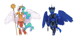Size: 2500x1200 | Tagged: safe, artist:joan-grace, character:princess celestia, character:princess luna, species:alicorn, species:anthro, species:pony, species:unguligrade anthro, abs, alternate universe, armor, female, hoof hands, mare, rebellion, royal sisters, simple background, smiling, staff, warrior, warrior celestia, warrior luna, weapon, white background