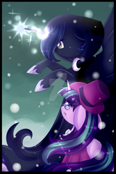 Size: 1024x1536 | Tagged: safe, artist:twily-star, character:princess luna, character:snowfall frost, character:starlight glimmer, species:pony, episode:a hearth's warming tail, g4, my little pony: friendship is magic, luna's future, magic, spirit of hearth's warming yet to come, watermark