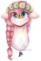Size: 1353x2018 | Tagged: safe, artist:shadow-nights, oc, oc only, species:pony, braid, bust, butterfly, chest fluff, colored pupils, female, floppy ears, floral head wreath, flower, mare, portrait, simple background, solo, transparent background