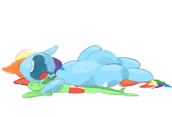 Size: 1100x750 | Tagged: safe, artist:askcanadash, character:rainbow dash, oc, oc:anon, species:human, species:pegasus, species:pony, belly button, drool, giant pony, macro, nose in the air, open mouth, simple background, size difference, sleeping, snoring, white background