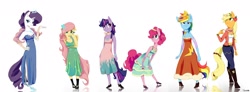 Size: 1900x700 | Tagged: safe, artist:swomswom, character:applejack, character:fluttershy, character:pinkie pie, character:rainbow dash, character:rarity, character:twilight sparkle, species:anthro, clothing, dress, mane six, side slit, skinny