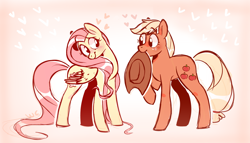 Size: 1386x794 | Tagged: safe, artist:waackery, character:applejack, character:fluttershy, species:pony, ship:appleshy, blushing, female, gradient background, hatless, heart, lesbian, looking at each other, missing accessory, mouth hold, shipping