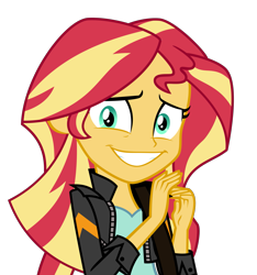Size: 2185x2334 | Tagged: safe, artist:keronianniroro, character:sunset shimmer, my little pony:equestria girls, awkward smile, clothing, cute, female, jacket, leather jacket, shimmerbetes, shoulder bag, simple background, solo, transparent background, vector