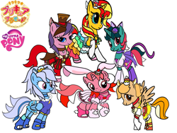 Size: 1024x768 | Tagged: safe, artist:omegaridersangou, character:fizzy, character:galaxy (g1), character:lofty, character:sunset shimmer, character:wind whistler, species:pony, g1, g4, cure chocolat, cure custard, cure gelato, cure macaron, cure parfait, cure whip, g1 to g4, generation leap, kirakira precure a la mode, my little pony logo, north star, precure, pretty cure