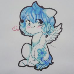 Size: 1152x1152 | Tagged: safe, artist:shiromidorii, oc, oc only, oc:theodosia, species:pegasus, species:pony, blushing, chibi, female, heart, mare, sitting, solo, traditional art