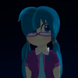Size: 2000x2000 | Tagged: safe, artist:saveraedae, character:juniper montage, my little pony:equestria girls, spoiler:eqg specials, beautiful, blushing, cute, female, glasses, hair over one eye, junibetes, looking at you, night, smiling, solo