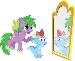 Size: 8303x6748 | Tagged: safe, artist:gray-gold, artist:tamalesyatole, edit, character:rainbow dash, character:spike, species:dragon, species:pegasus, species:pony, .svg available, absurd resolution, color edit, colored, dragoness, dragonified, female, freaking out, hands on head, male, mirror, open mouth, ponified, ponified spike, rainbow dragon, raised hoof, reflection, role reversal, simple background, species swap, spread wings, stallion, transparent background, vector, vector edit, wings