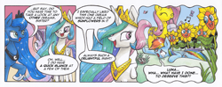Size: 4655x1835 | Tagged: safe, artist:xeviousgreenii, character:fluttershy, character:princess celestia, character:princess luna, character:rainbow dash, character:starlight glimmer, species:pony, episode:a royal problem, episode:do princesses dream of magic sheep?, g4, my little pony: friendship is magic, absurd resolution, abuse, comic, dashabuse, nightmare sunflower, sunflower, traditional art, you had one job