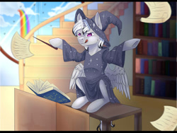 Size: 1600x1200 | Tagged: safe, artist:maria-fly, oc, oc only, species:alicorn, species:pony, book, clothing, hat, magic, rainbow, robe, solo, wand, wizard, wizard hat, ych result